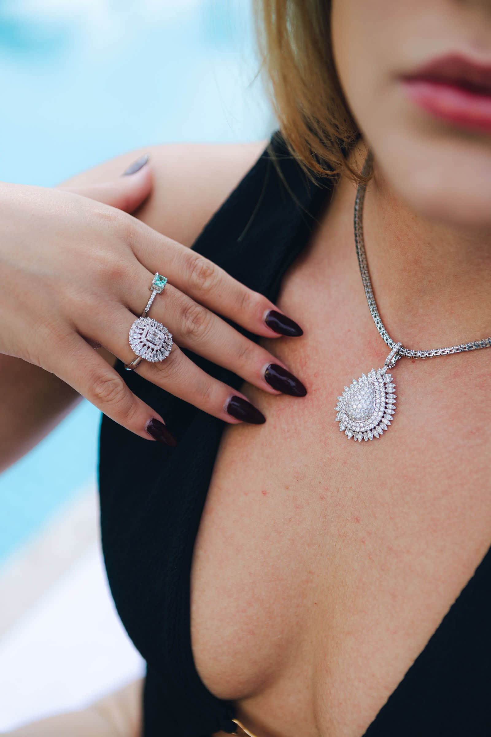 Eternal Drop Necklace — A tiered drop pendant on a diamond riviera.